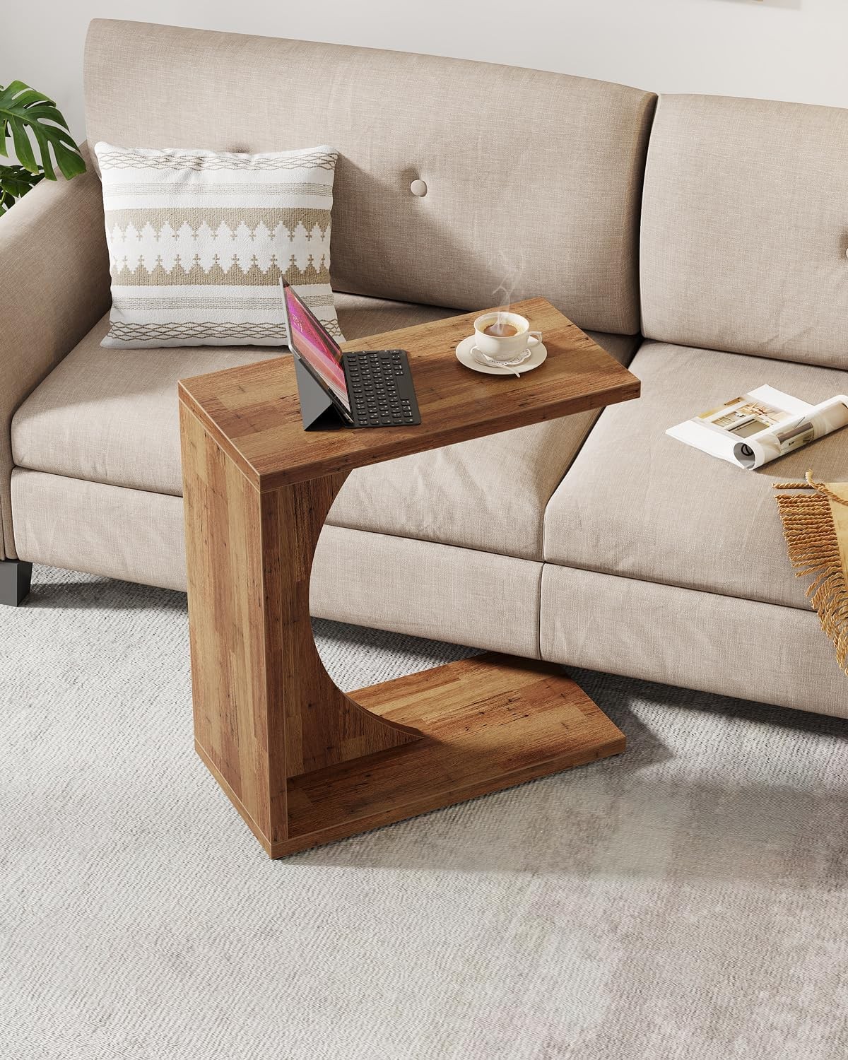 C-Shaped End Table, Wooden Sofa Side Table for Small Space, Living Room, Bedroom