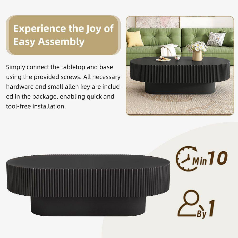 43.3 In. W Black Oval Wood Coffee Table with 6.8″ Thick Tabletop, Modern Drum En