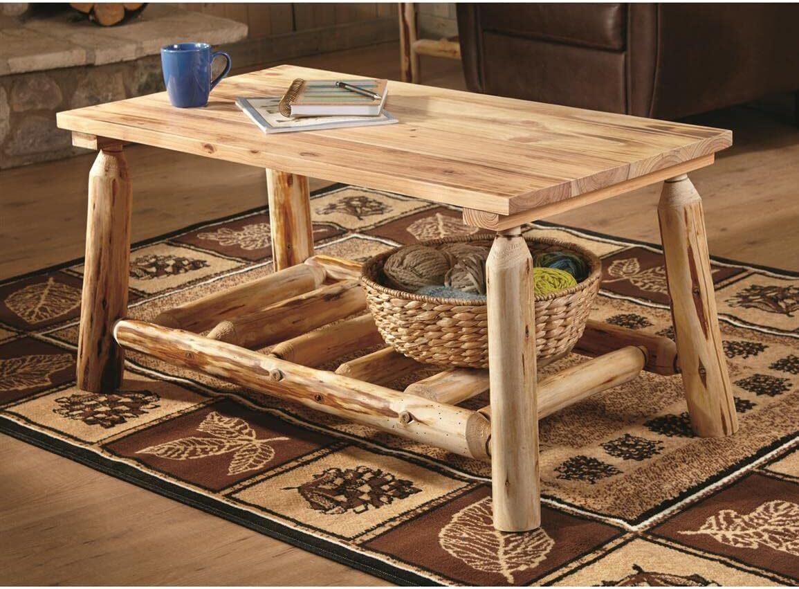 Wood Farmhouse Coffee Table Rustic Cabin Log Living Room Natural Pine Weathered