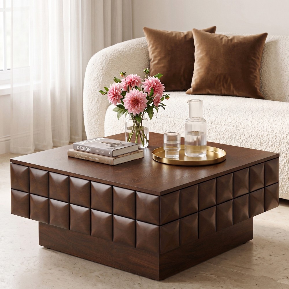 32.7″ Square Walnut Coffee Table – 3D Cube-Textured Wrap, Ash Veneer Top