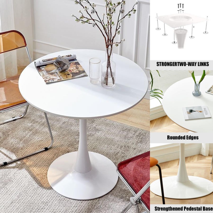White Round Table 24″ Modern Dining Table MDF Top and Steel Base for Living Room