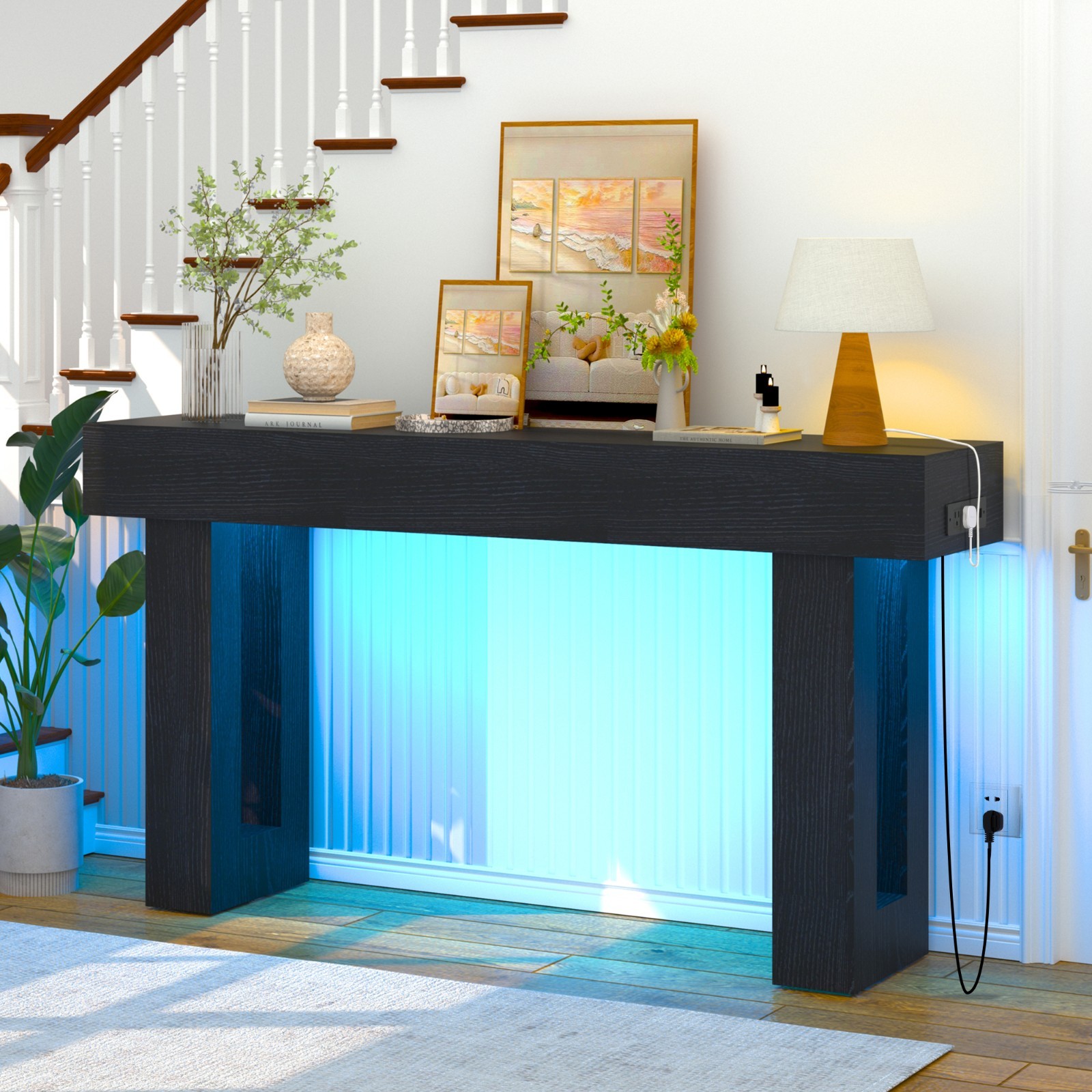 63 Inch Long Console Table with Outlets and USB Ports, Sofa Table with LED Light