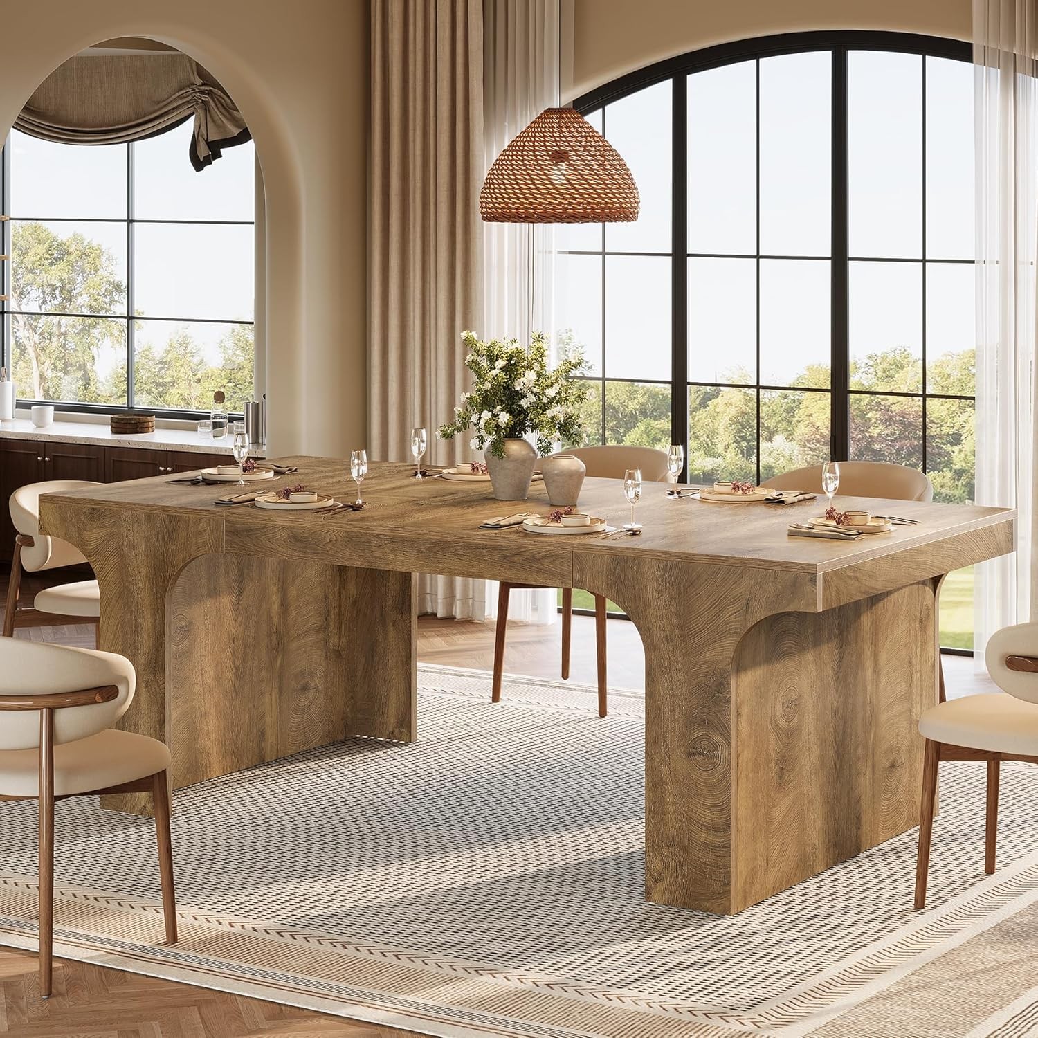 70.87” Large Dining Table for 6-8, Farmhouse Wooden Kitchen Table with Pedestal