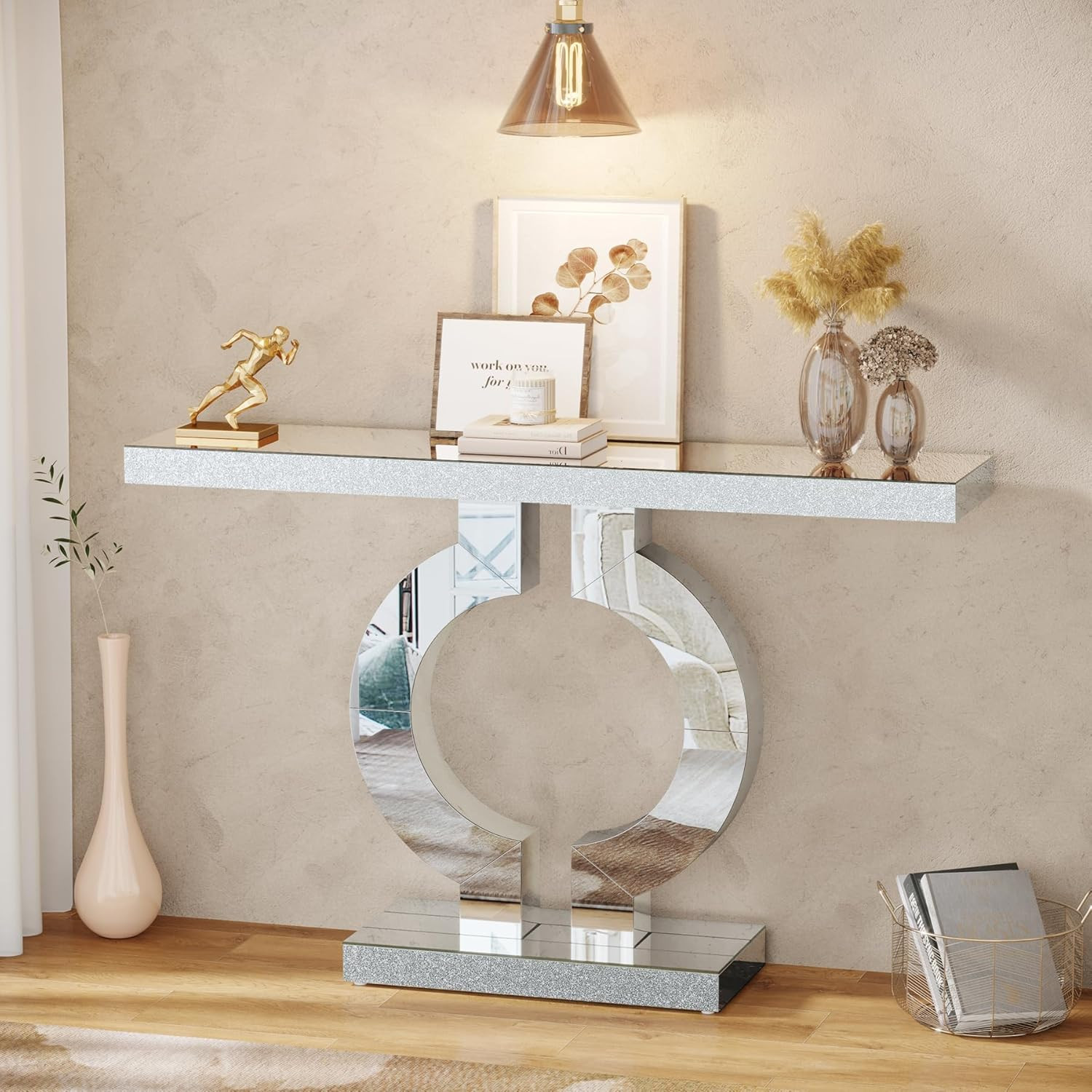 Modern Mirrored Console Table with O-Shaped Base for Living Room Entryway