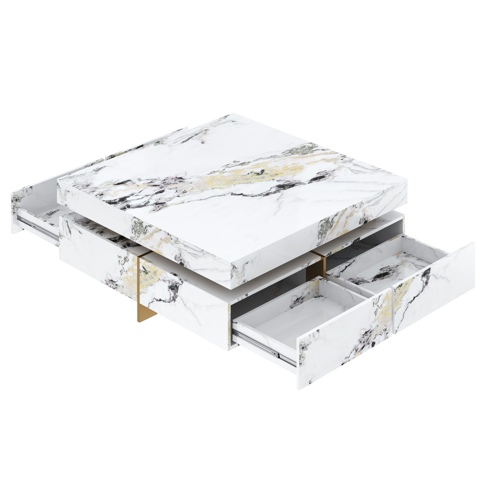 Modern White Square Marble Coffee Table with 4 Drawers, 43.3″