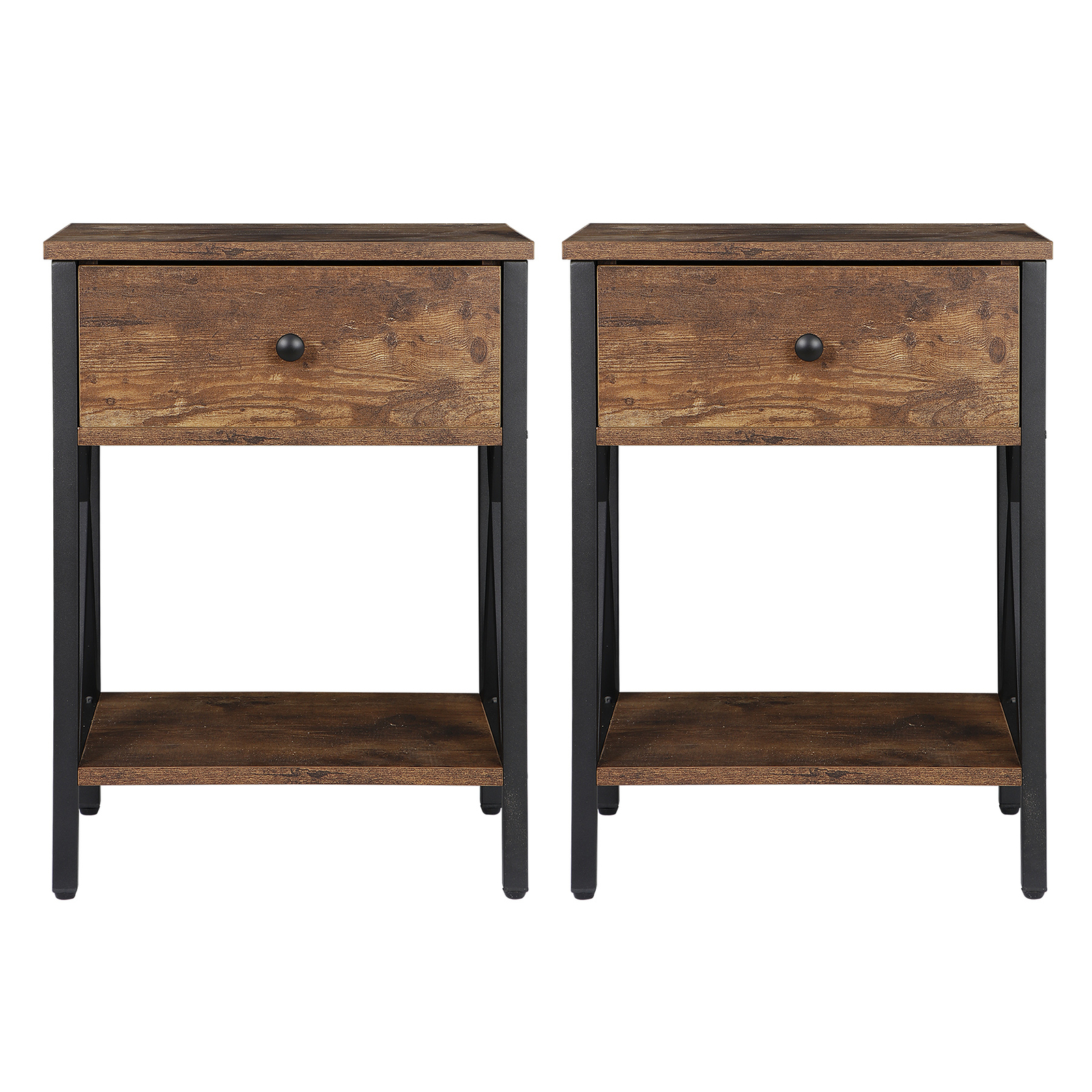 Set of 2 End Tables X-Design Legs Side Sofa Table Storage Shelf W/Drawer Brown