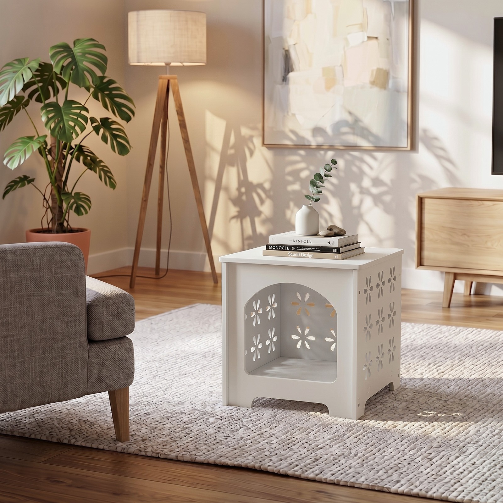 Side Table Nightstand End Table with Floral Design Arch Opening Bedside Table