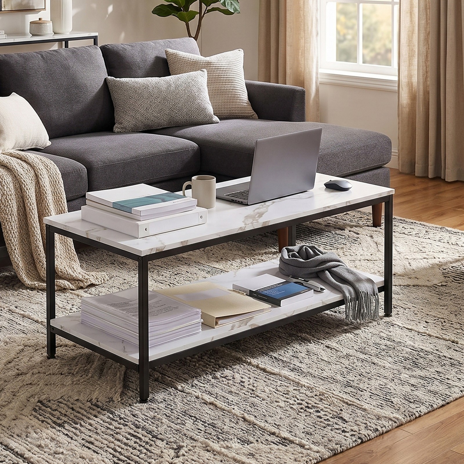 39″ Coffee Tables for Living Room White Center Table & Side Table with Storage