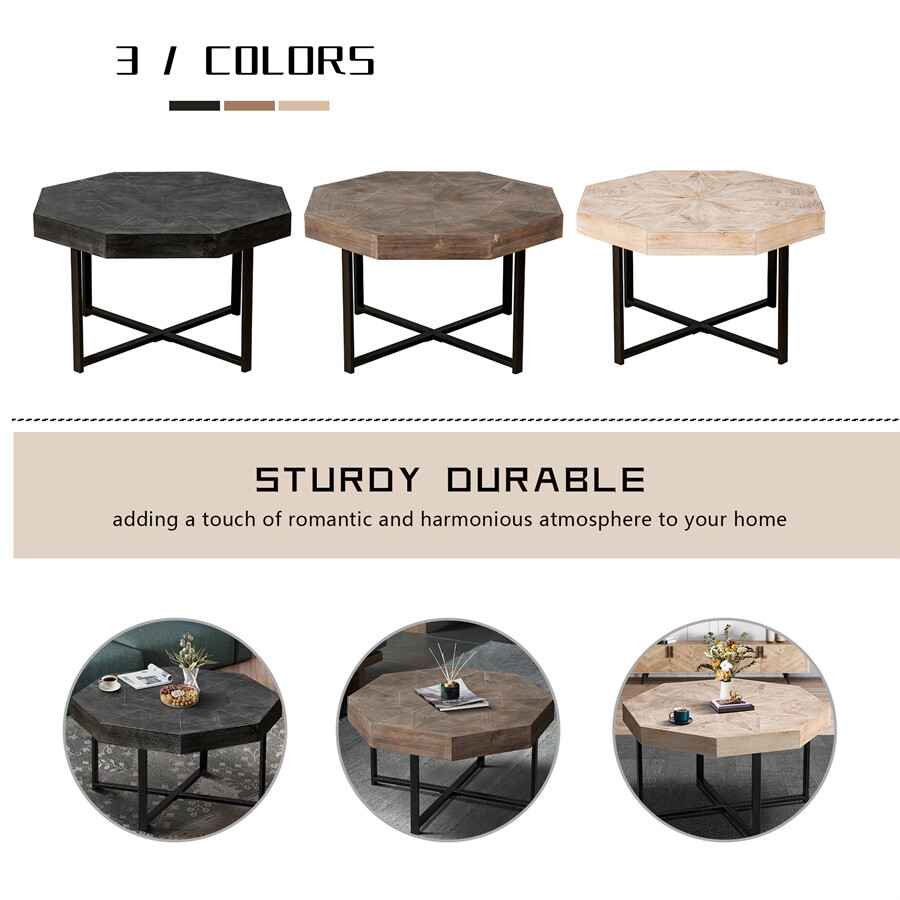 Wood Octagonal Patchwork Craft Farmhouse Wooden Table Metal Legs Coffee Table