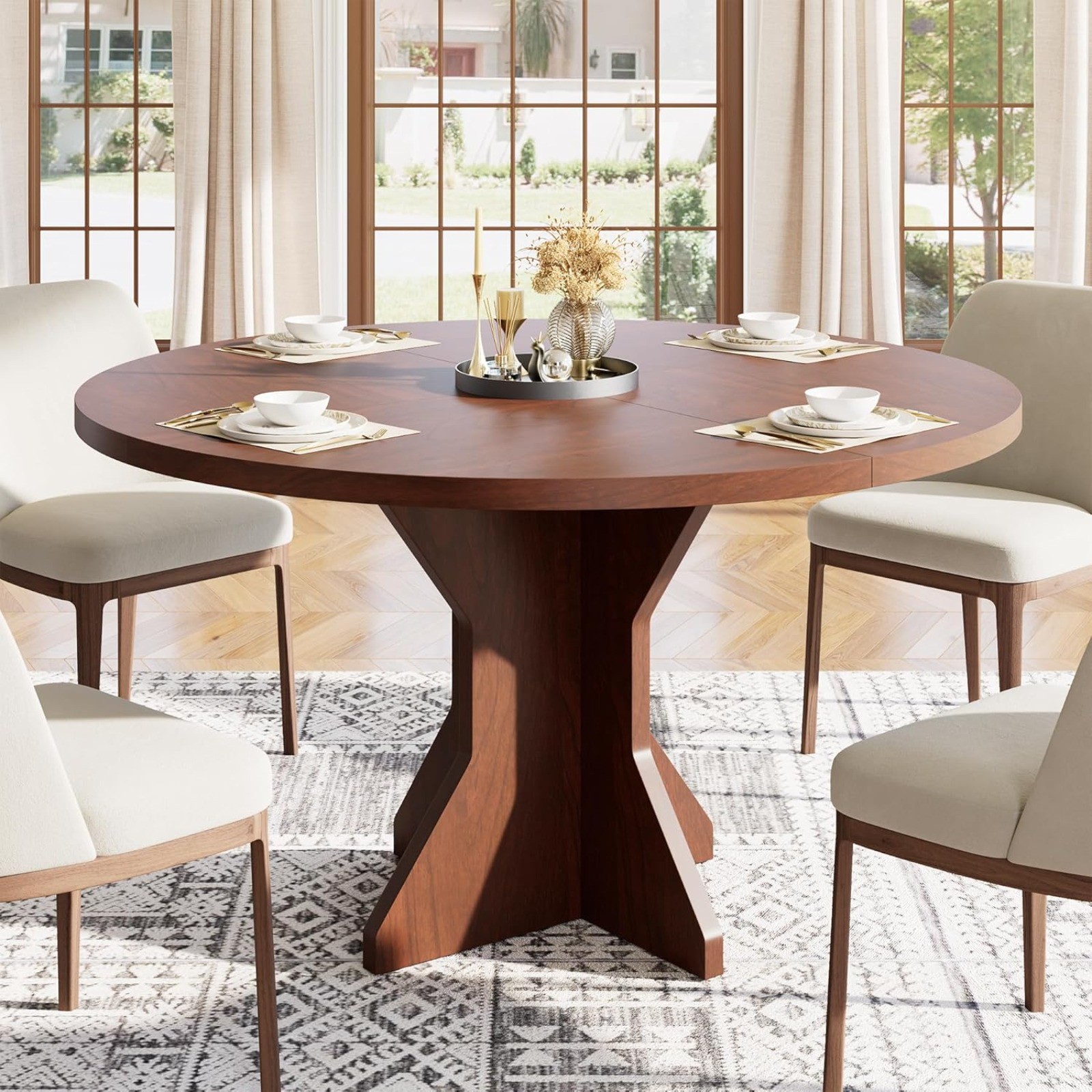 47In Round Dining Table Kitchen Table for 4 to 6 People with Wood Pedestal Base