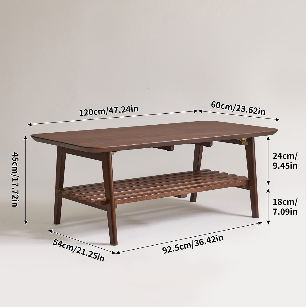 Walnut Brown Wooden Coffee Table, Mid-Century, Rectangular with Storage Shelf