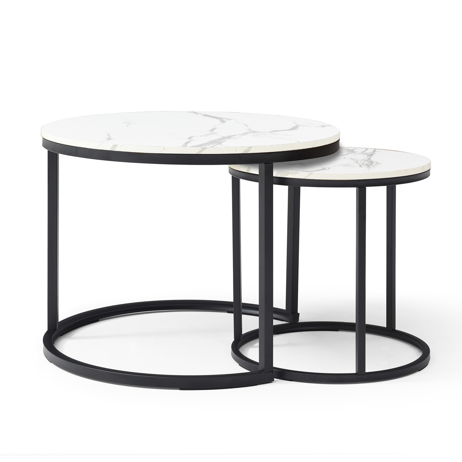 Set 2 Coffee Table Nesting White and Gray Top Black Frame Circular Round