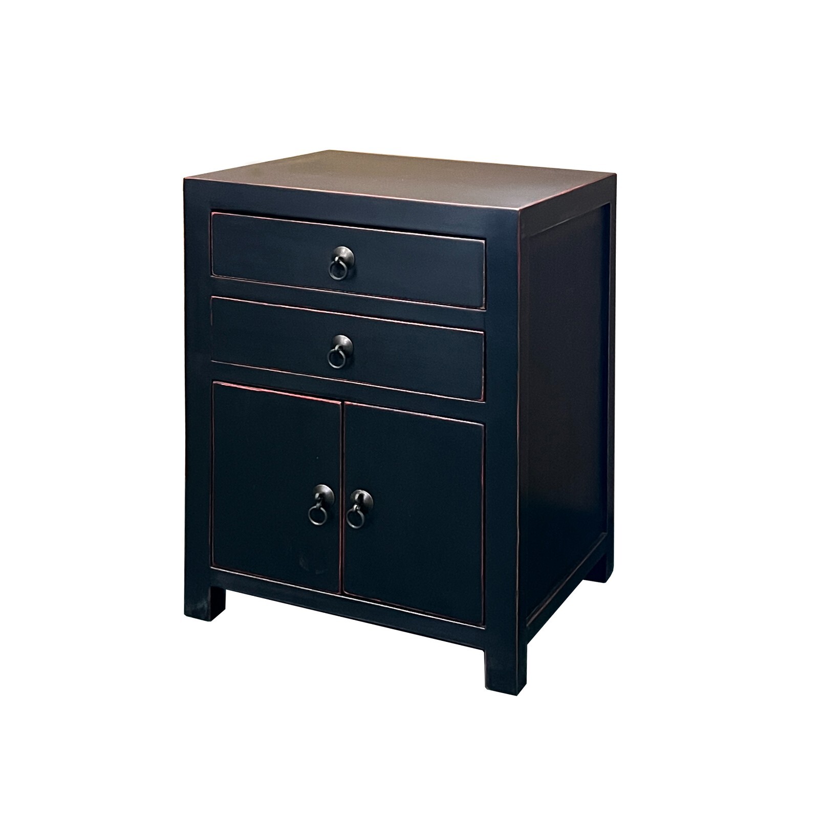 Chinese Oriental Distressed Black 2 Drawers End Table Nightstand cs7584