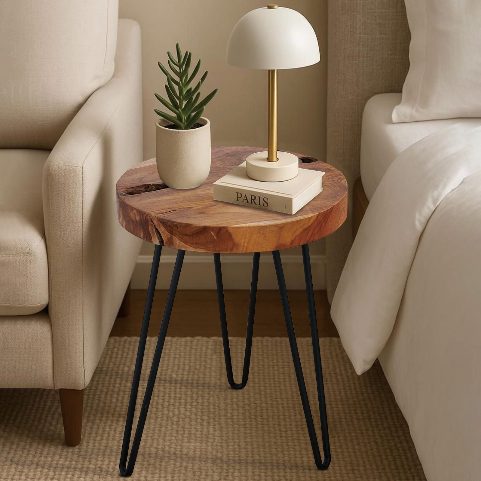 Greenage Rustic Teak Round End Table –Natural Wood Side Table Nightstand 21″ H