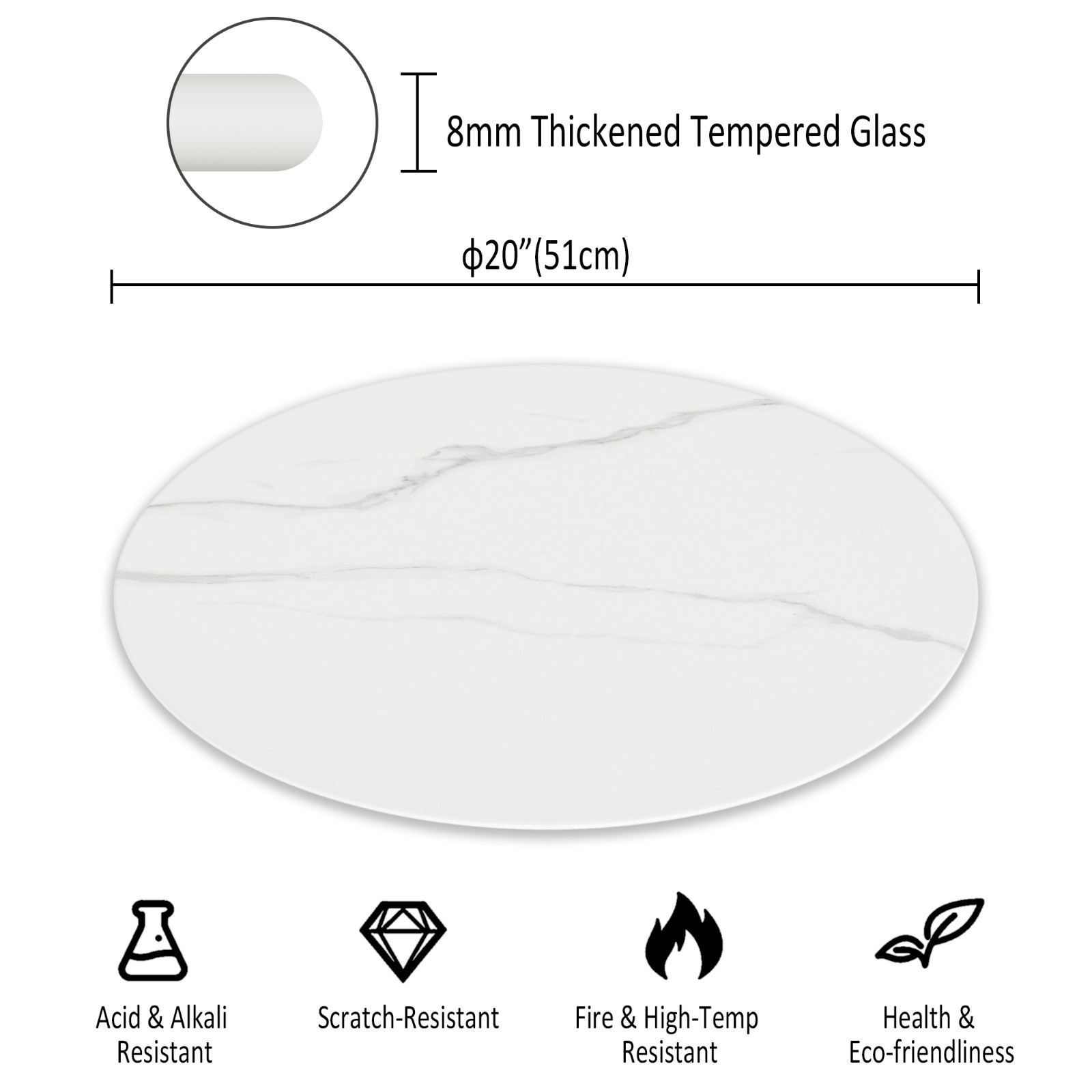 20″-36″ Inch Round Tempered Glass＋Marble Pattern Table Top for Indoor & Outdoor