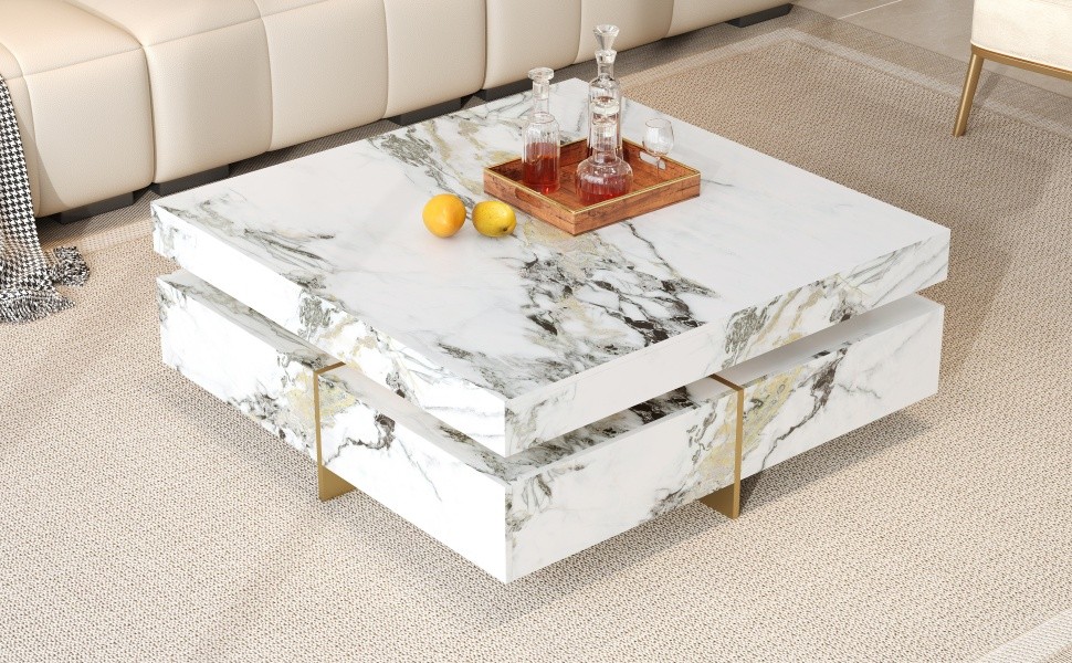 Modern White Square Marble Coffee Table with 4 Drawers, 43.3″