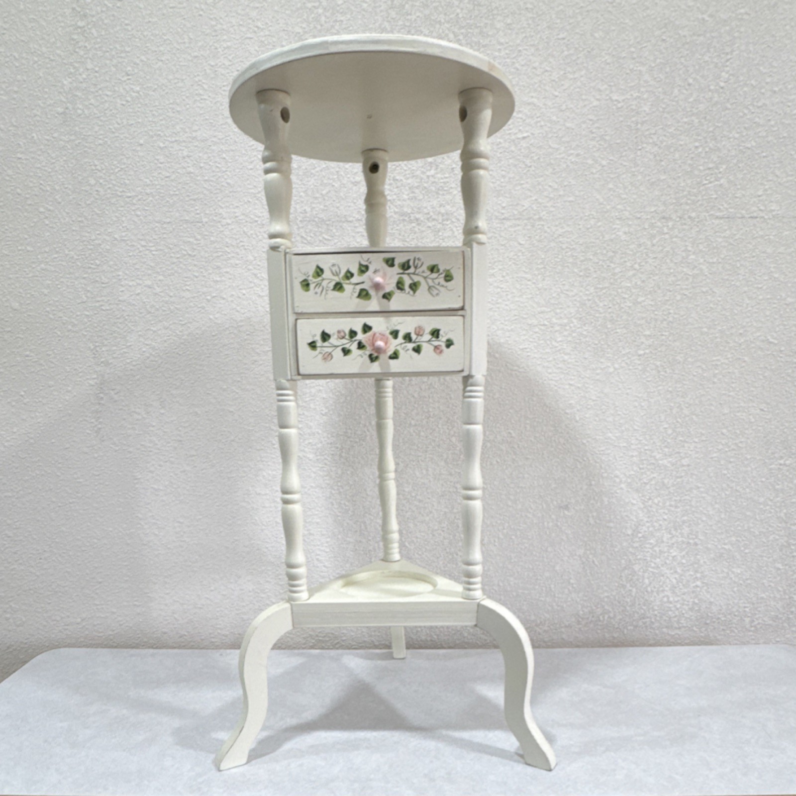 Round Wood Side Table White Pink Green Floral 1ftx12inx28in 2 Drawers