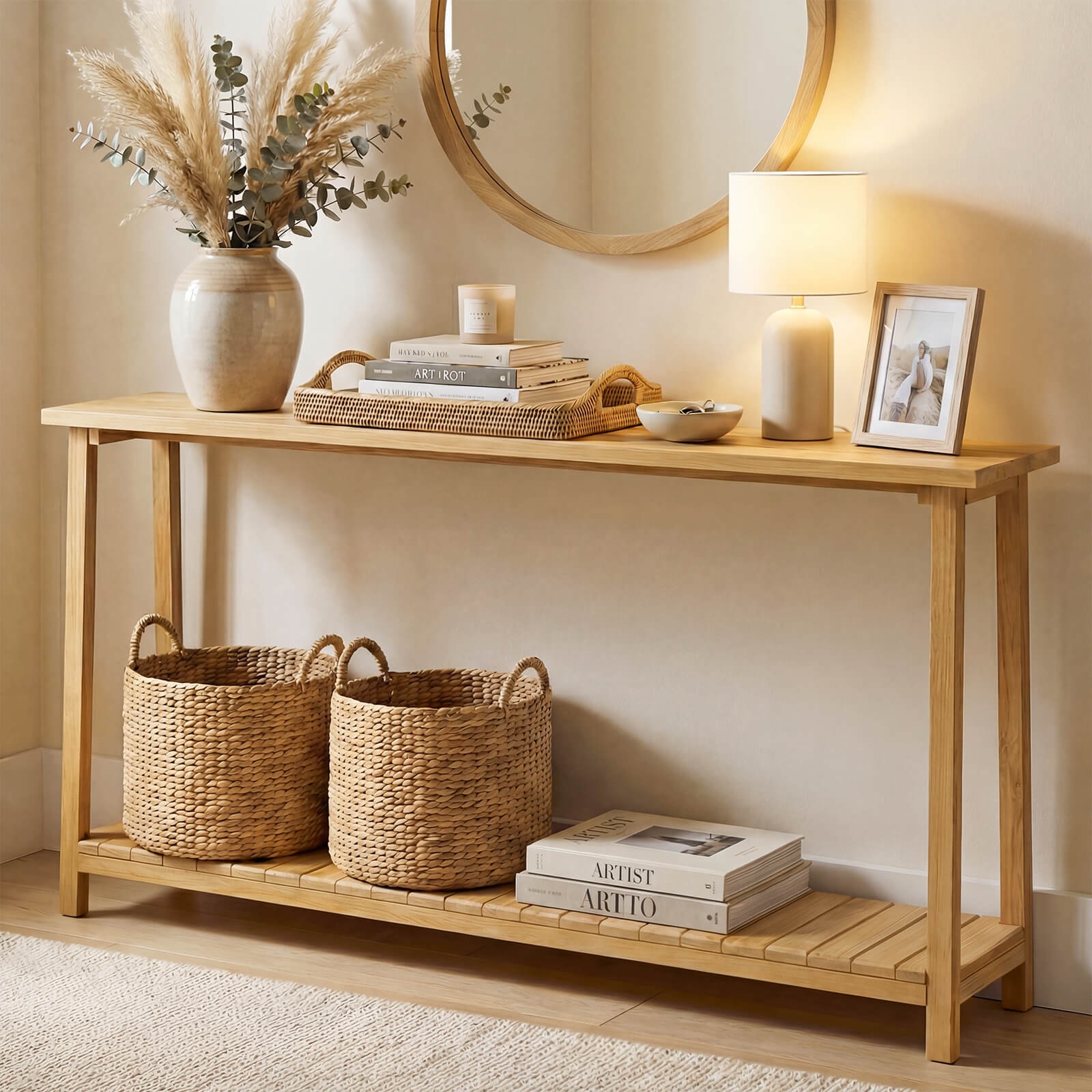 71″ Solid Wood Large Console Table,2-Tier Farmhouse Sofa Table w/Teak Wood Frame