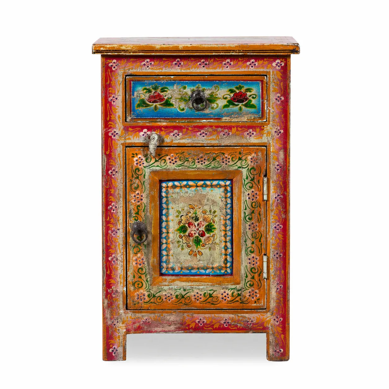 Artisan Handmade Bedside Table Solid Wood Hand Painted 17.7 × 13.8 × 27.6 inches