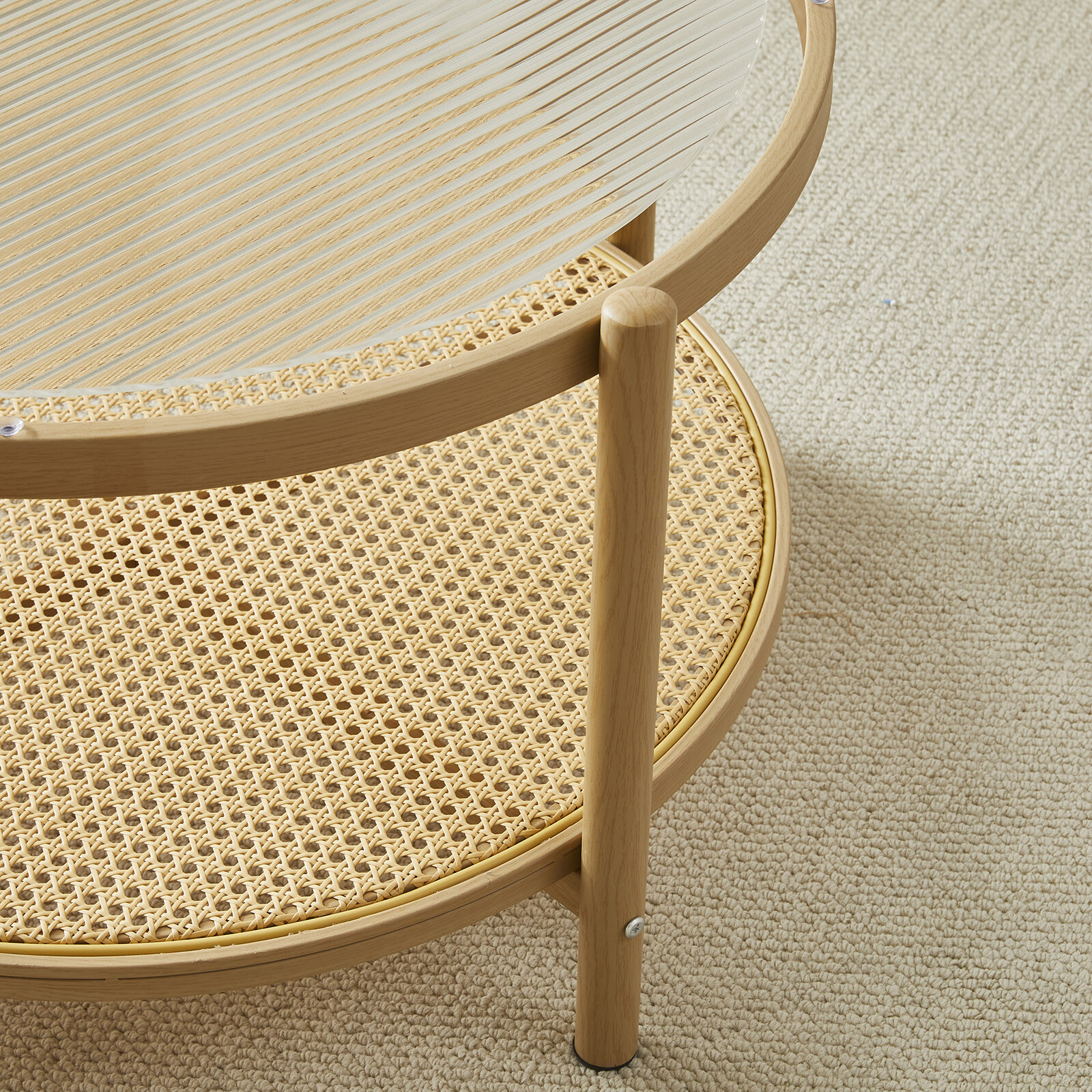 Modern Round Rattan Glass Metal Coffee Table Small 2-Tier End Table Living Room