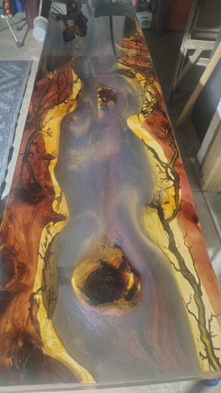 Red Cedar Epoxy Translucent River Table With Electricity Fracked Accents