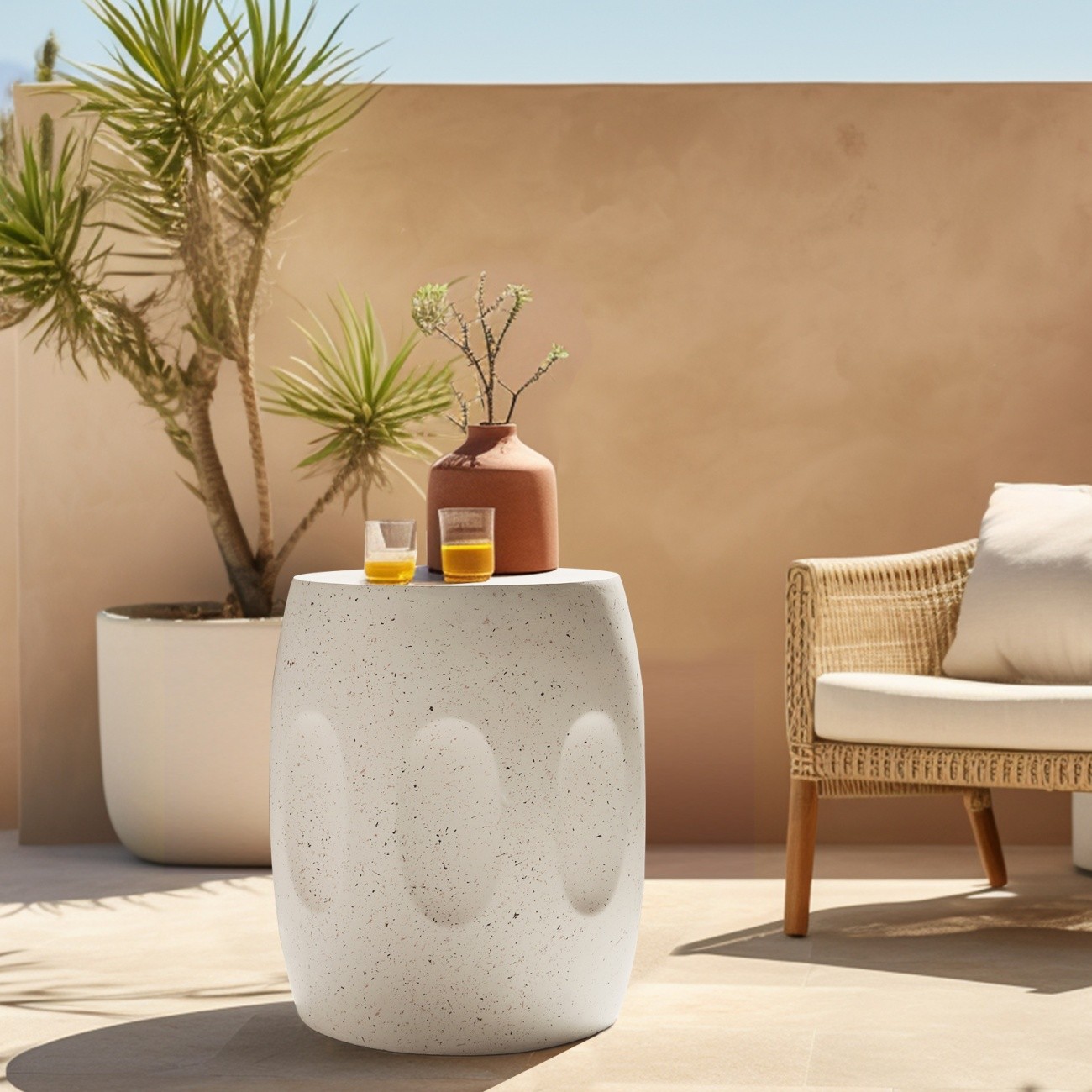 Lightweight Round Concrete Side Table Outdoor Indoor Accent Patio Living Room