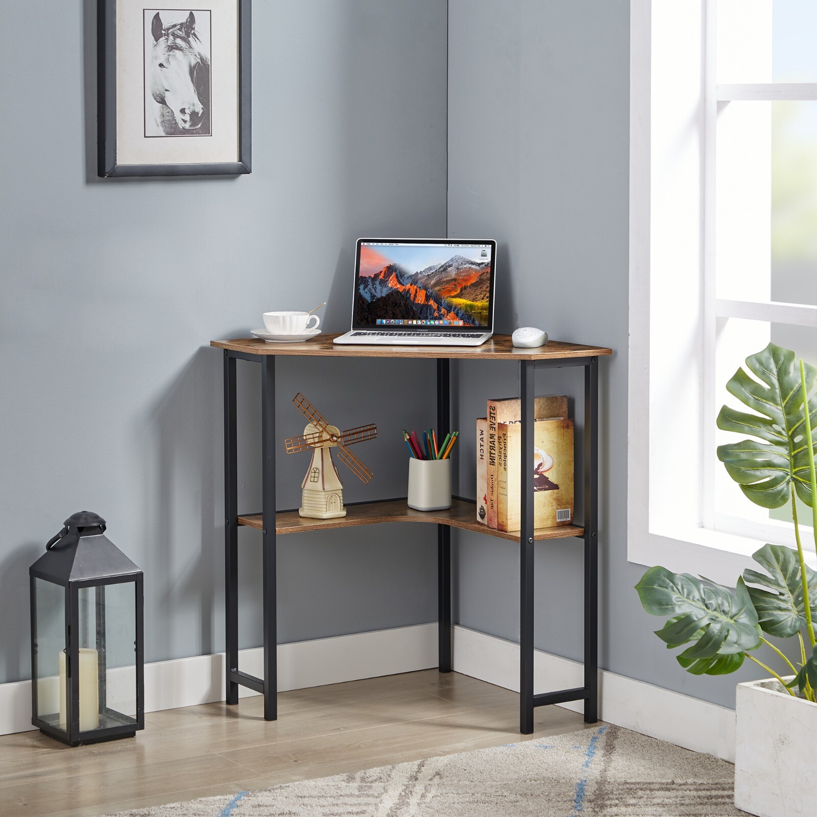 Corner Computer Desk with Storage Shelves Triangle Writing End Table Small Space