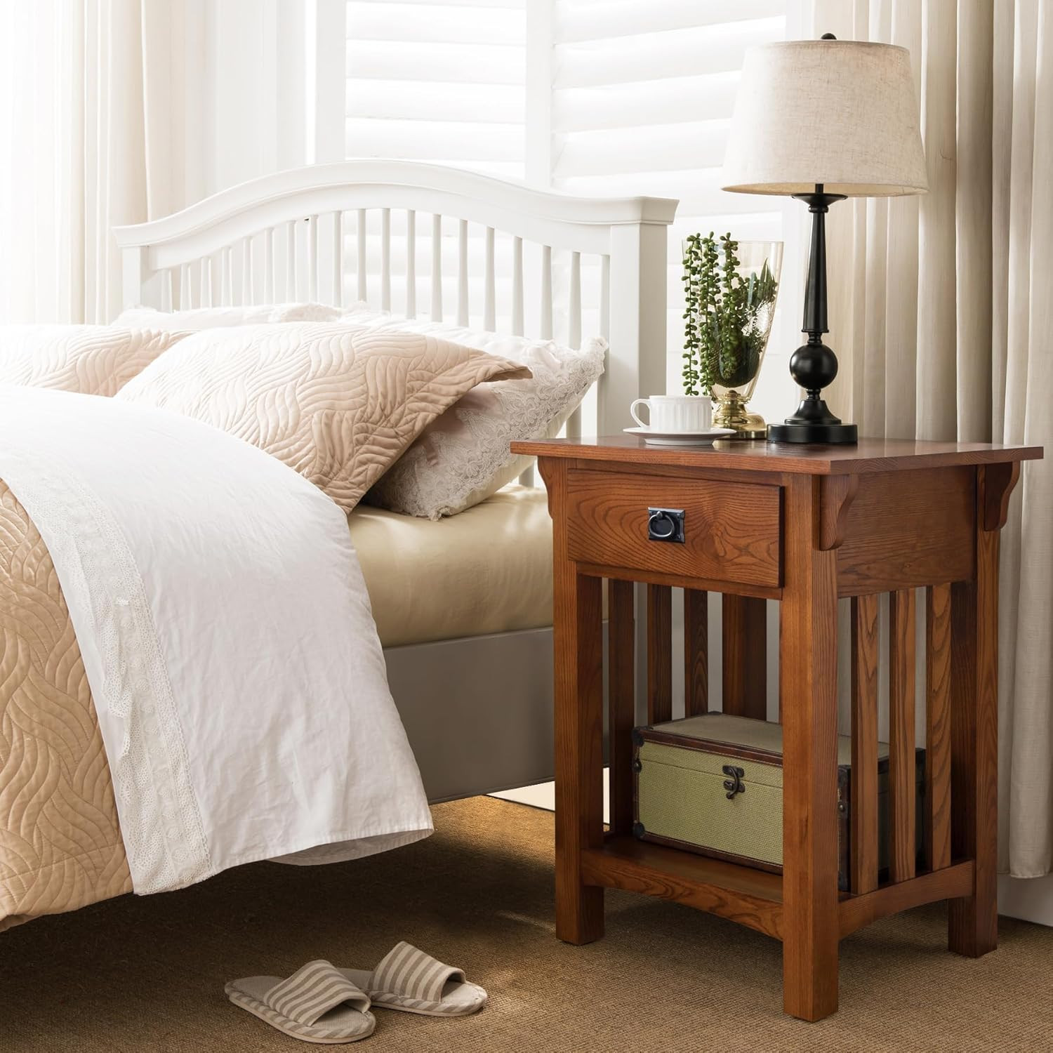 Solid Wood End Table with Drawer – Medium Oak Finish Nightstand for Living Room