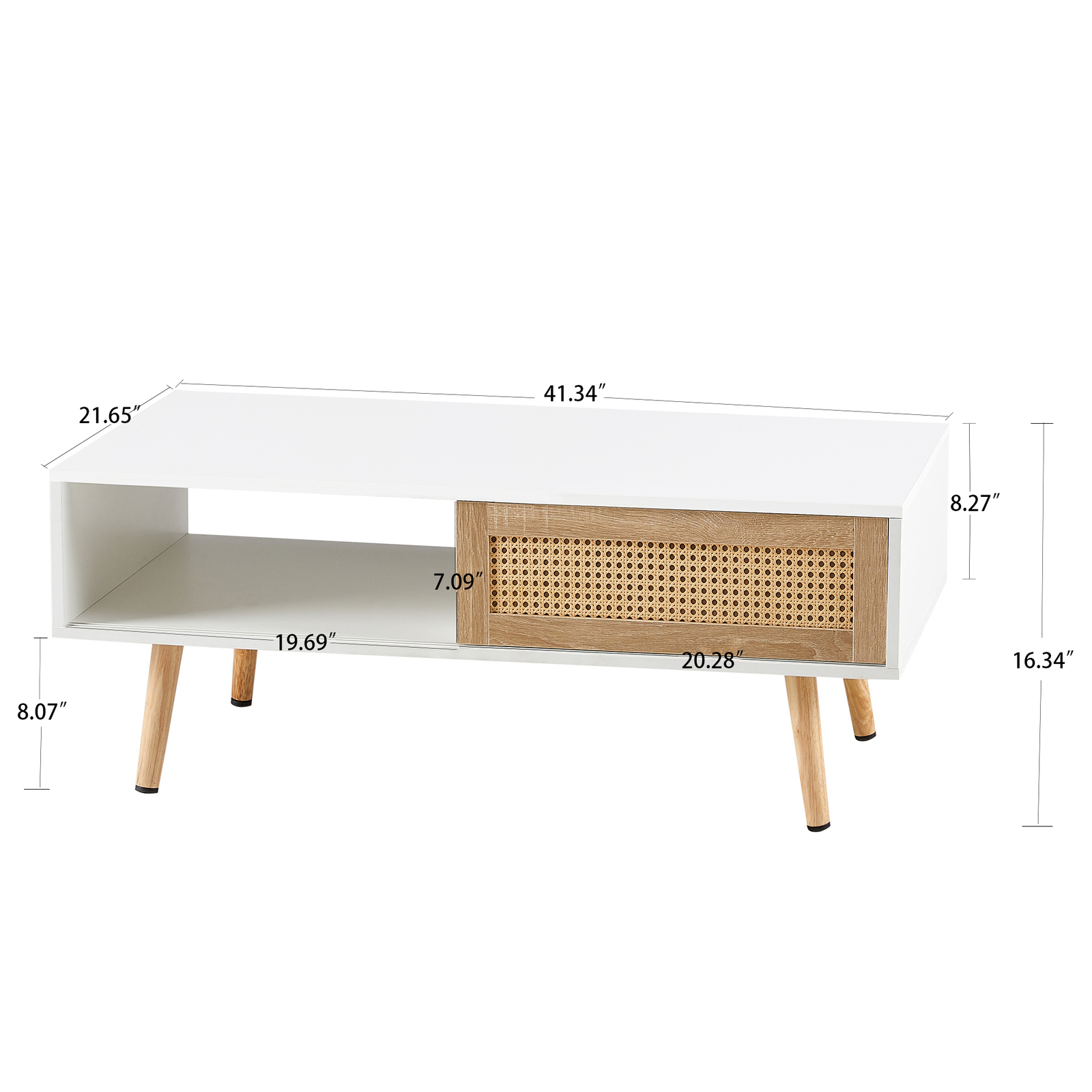 Rattan Coffee Table with Storage Cabinet and Open Shelf Wood Center Table