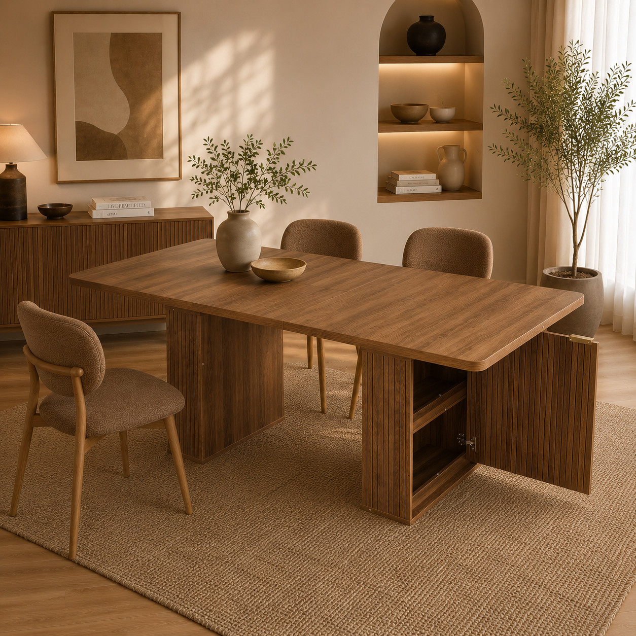 Expandable dining Table with Storage Minimalist Dining Table for 6-10 People