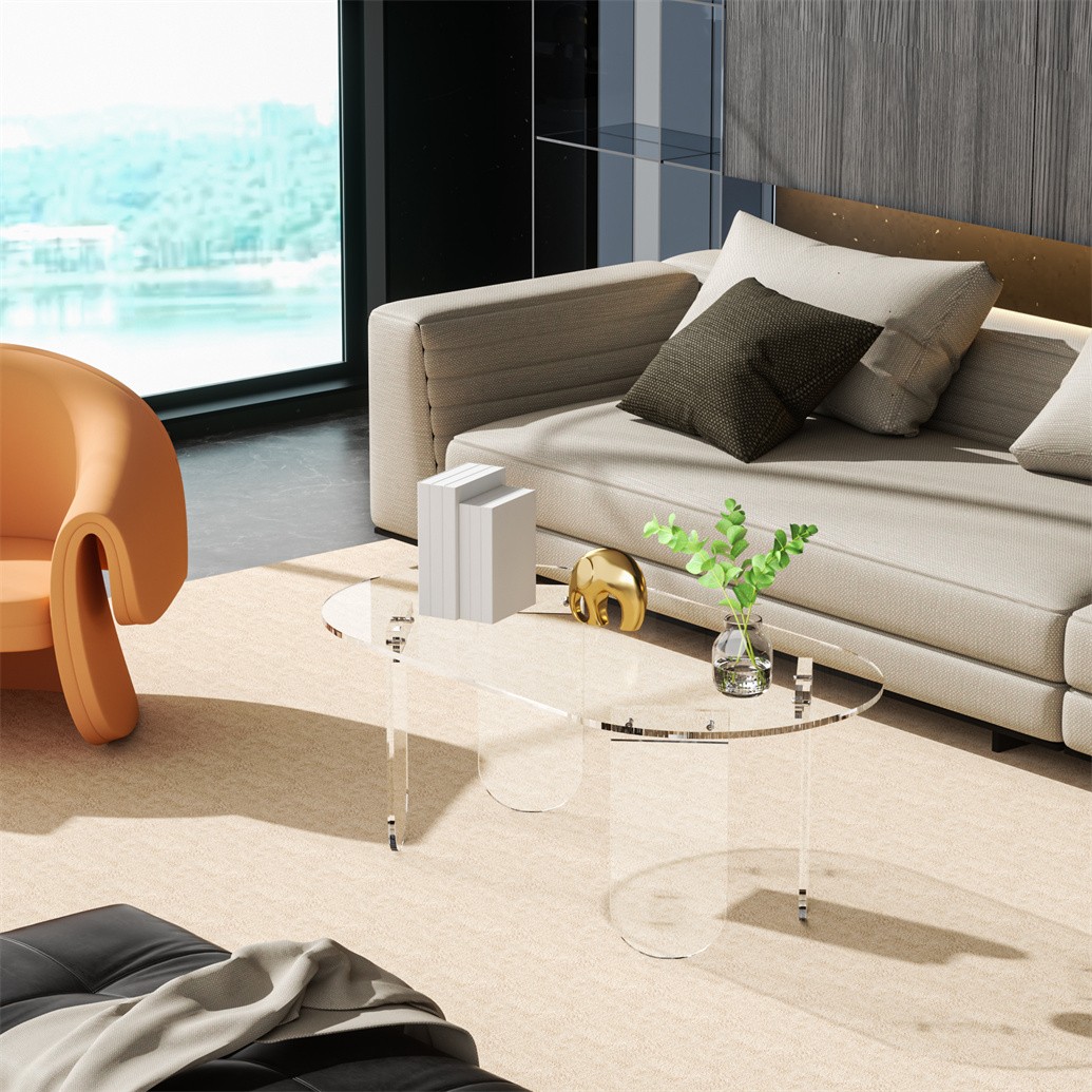 Long Oval Acrylic Coffee Table Transparent Living Room Sofa Table w/ PVC Cover