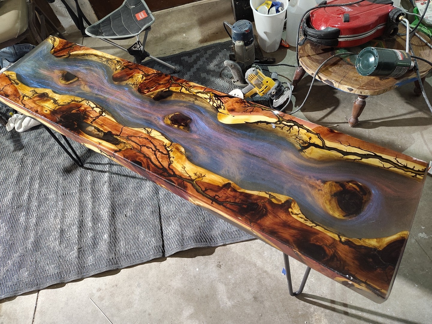 Red Cedar Epoxy Translucent River Table With Electricity Fracked Accents