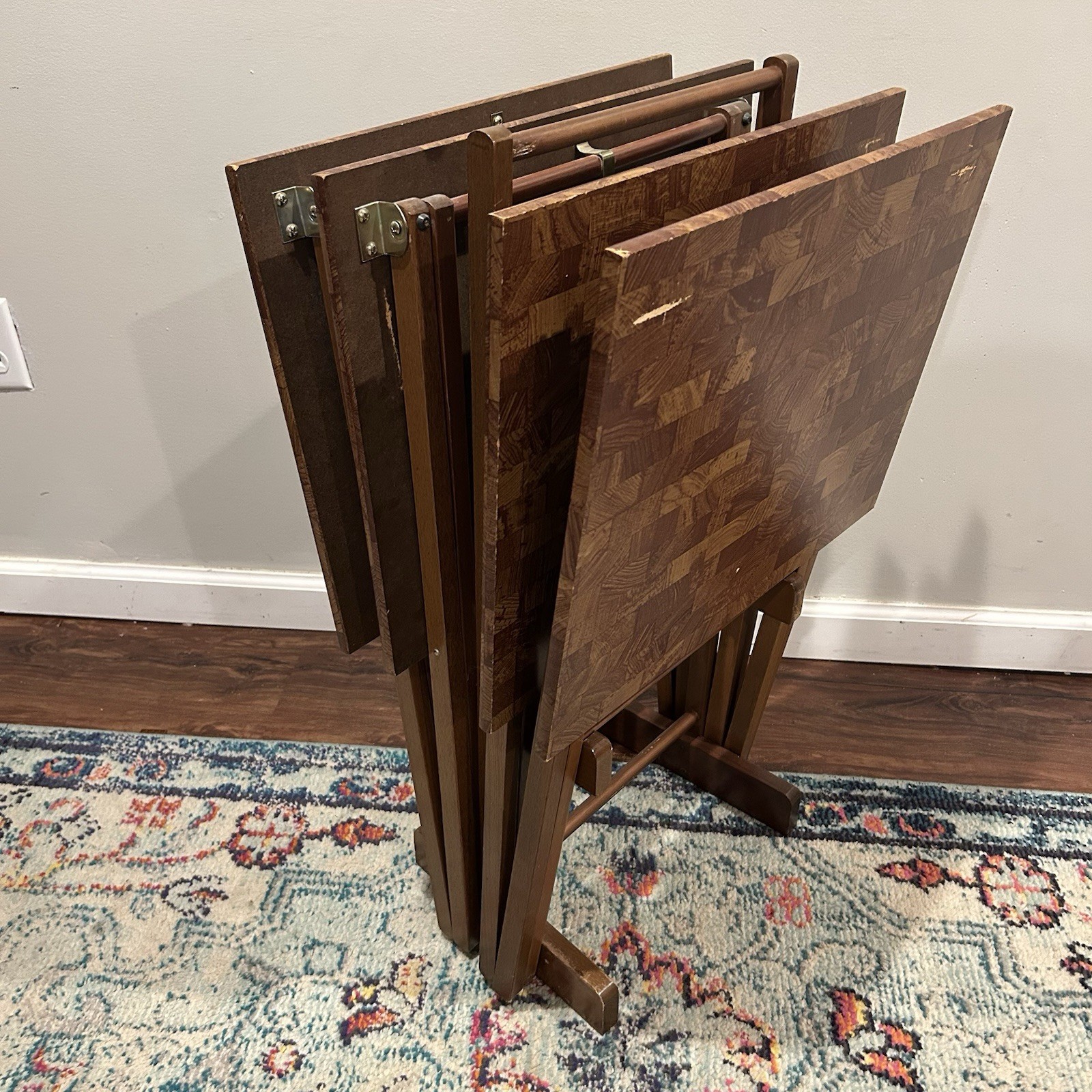 Vintage Faux Butcher Block TV Tray Set of 4 Retro Laminate Folding TV Tables