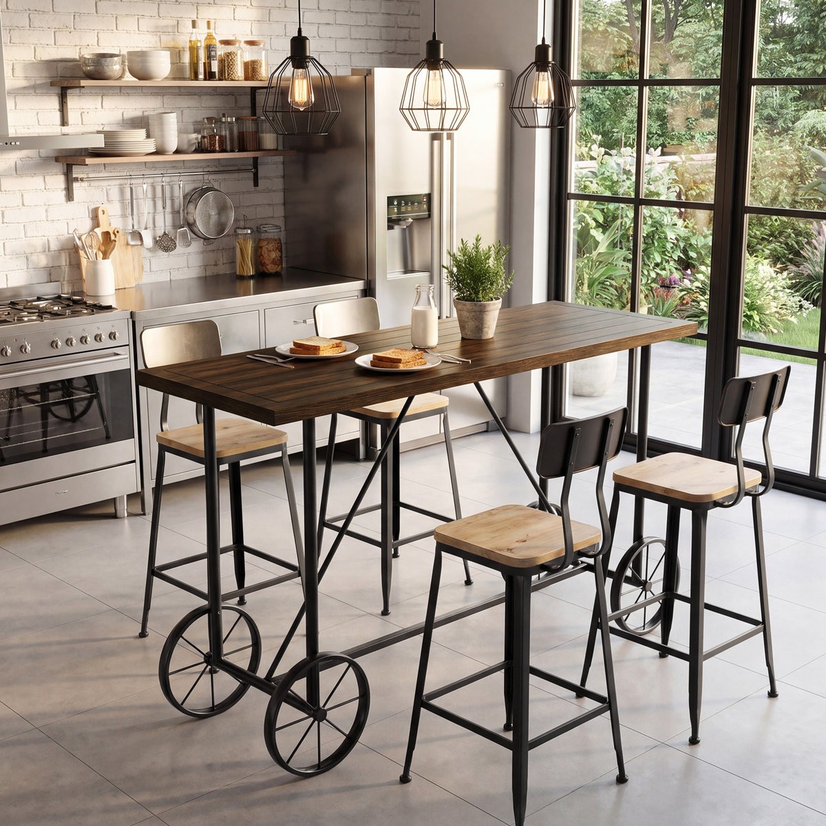 63-Inch Industrial Bar Table, Home Counter Height Pub Table with Metal Footrest