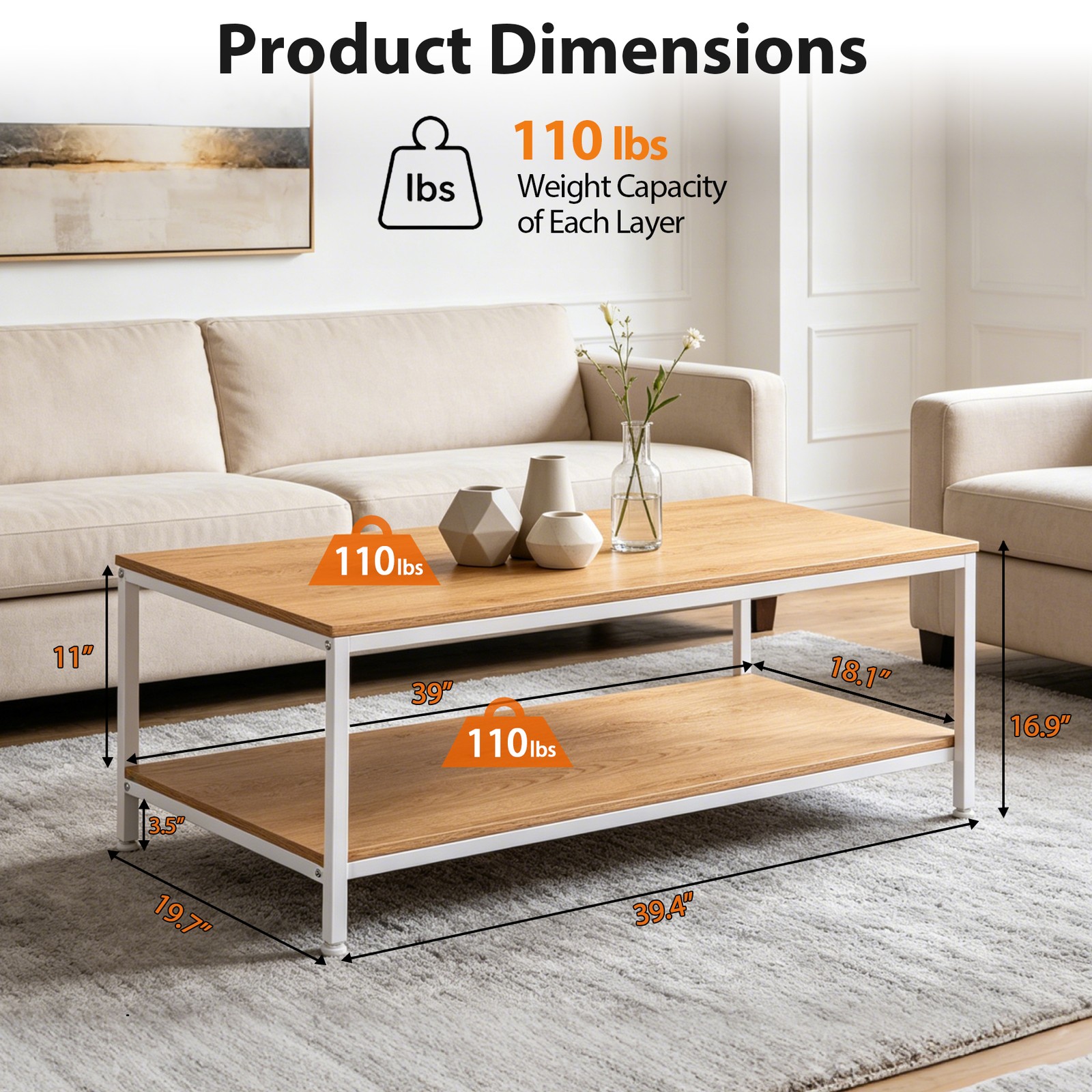 Natural Coffee Table for Living Room Rectangle 2-Tier Coffee Tables with Storage