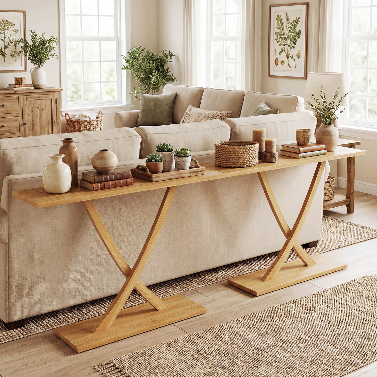 57″ Solid Wood Console Table, Narrow Farmhouse Sofa Table w/ Teak Wood Frame