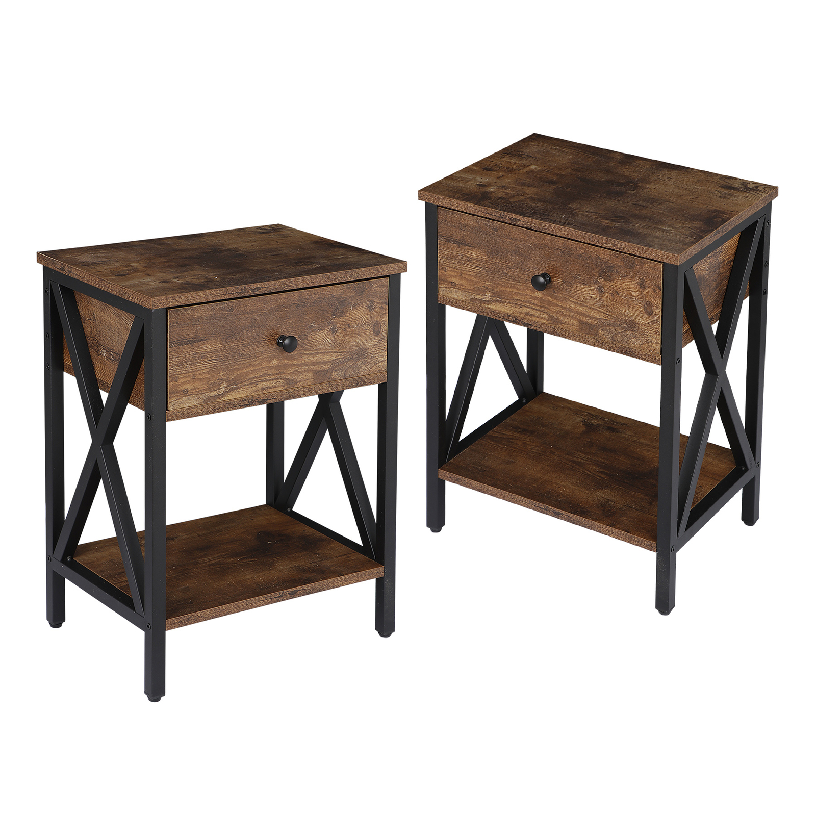 Set of 2 End Tables X-Design Legs Side Sofa Table Storage Shelf W/Drawer Brown