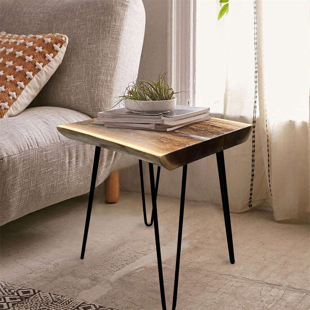 Natural Teak Wood Square End Side Table with Hairpin Legs 20.9″ H Home Decor
