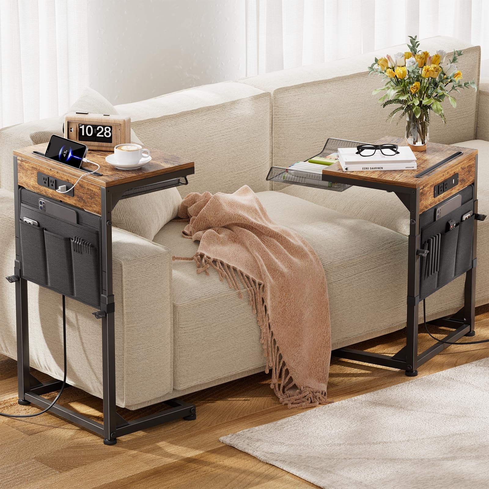 C Shaped Side Table with Charging Station, Adjustable Height, Rustic Brown, Stor