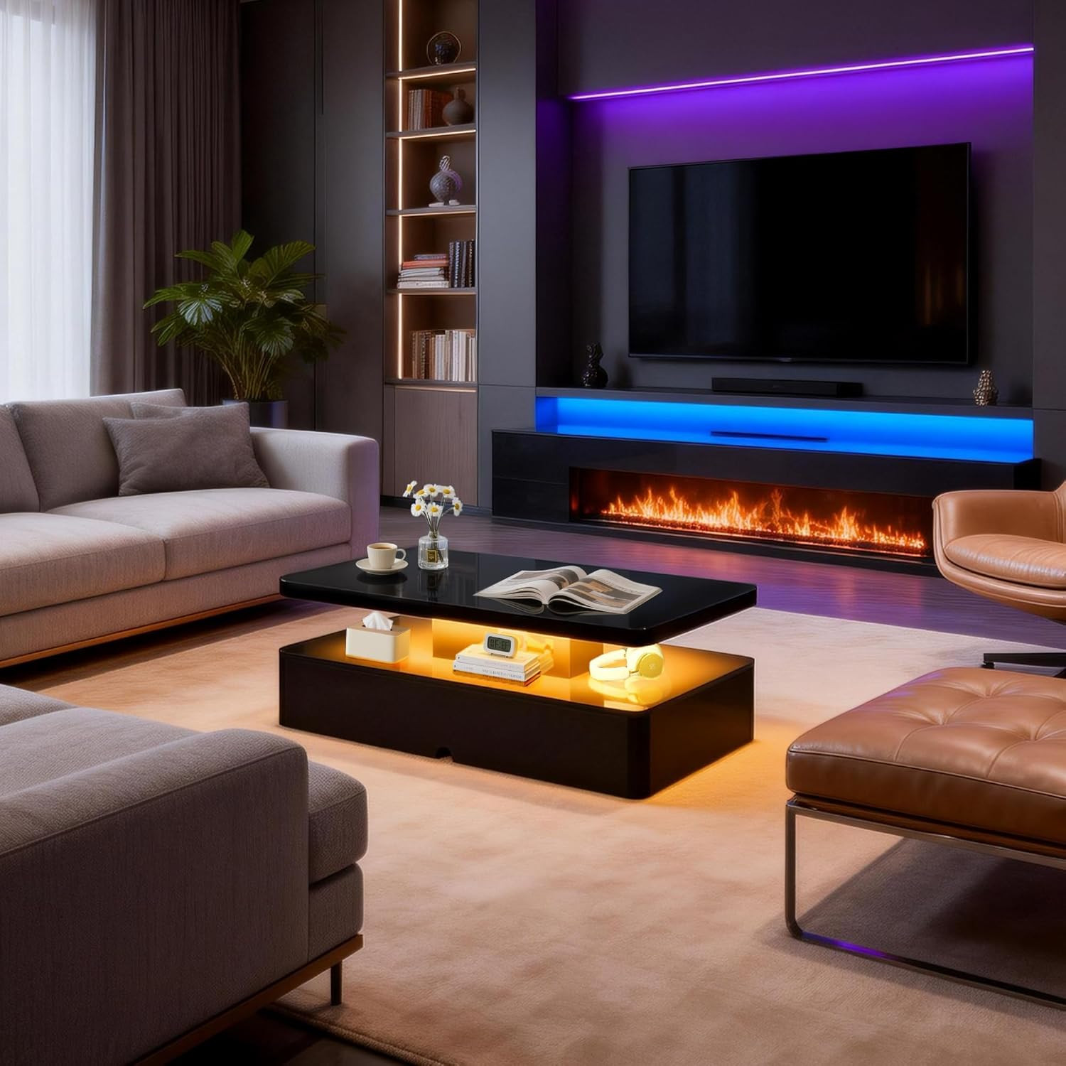 47″ LED Coffee Table with Storage, Modern High Glossy Design for Living Room
