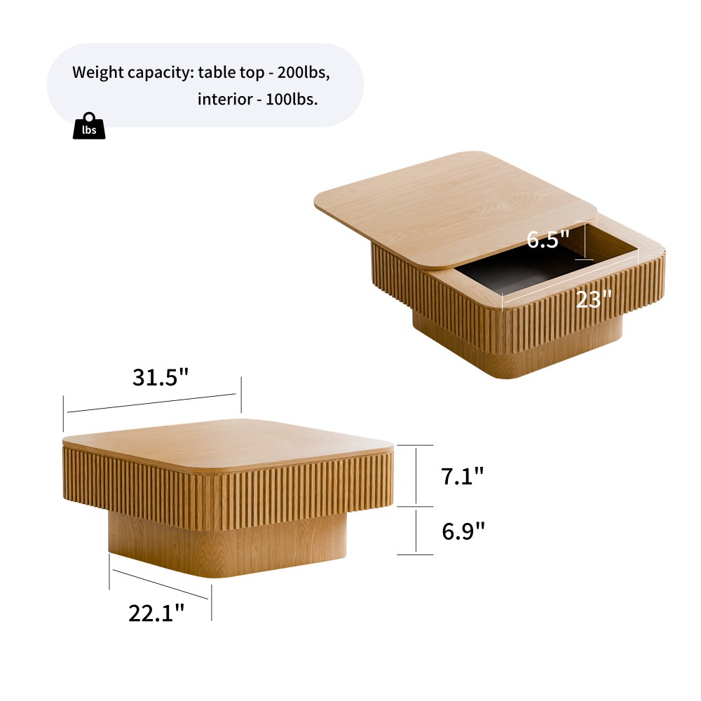 31.5” Square Coffee Table with Storage Solid Wood Veneered, Natural Wood