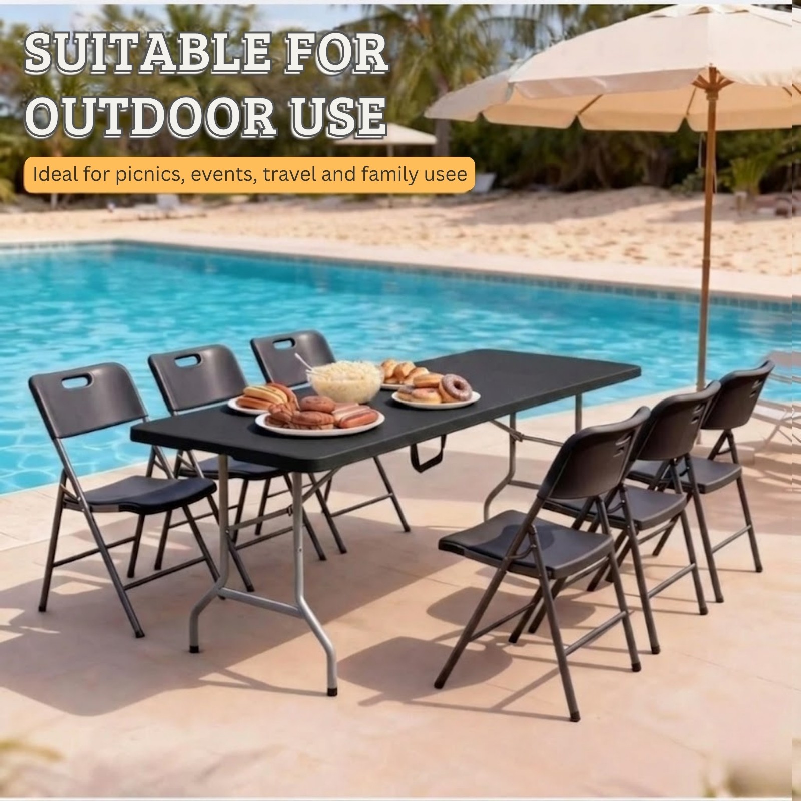 6Ft Plastic Folding Table – Ideal for Indoor/Outdoor Dining & Party Use Black