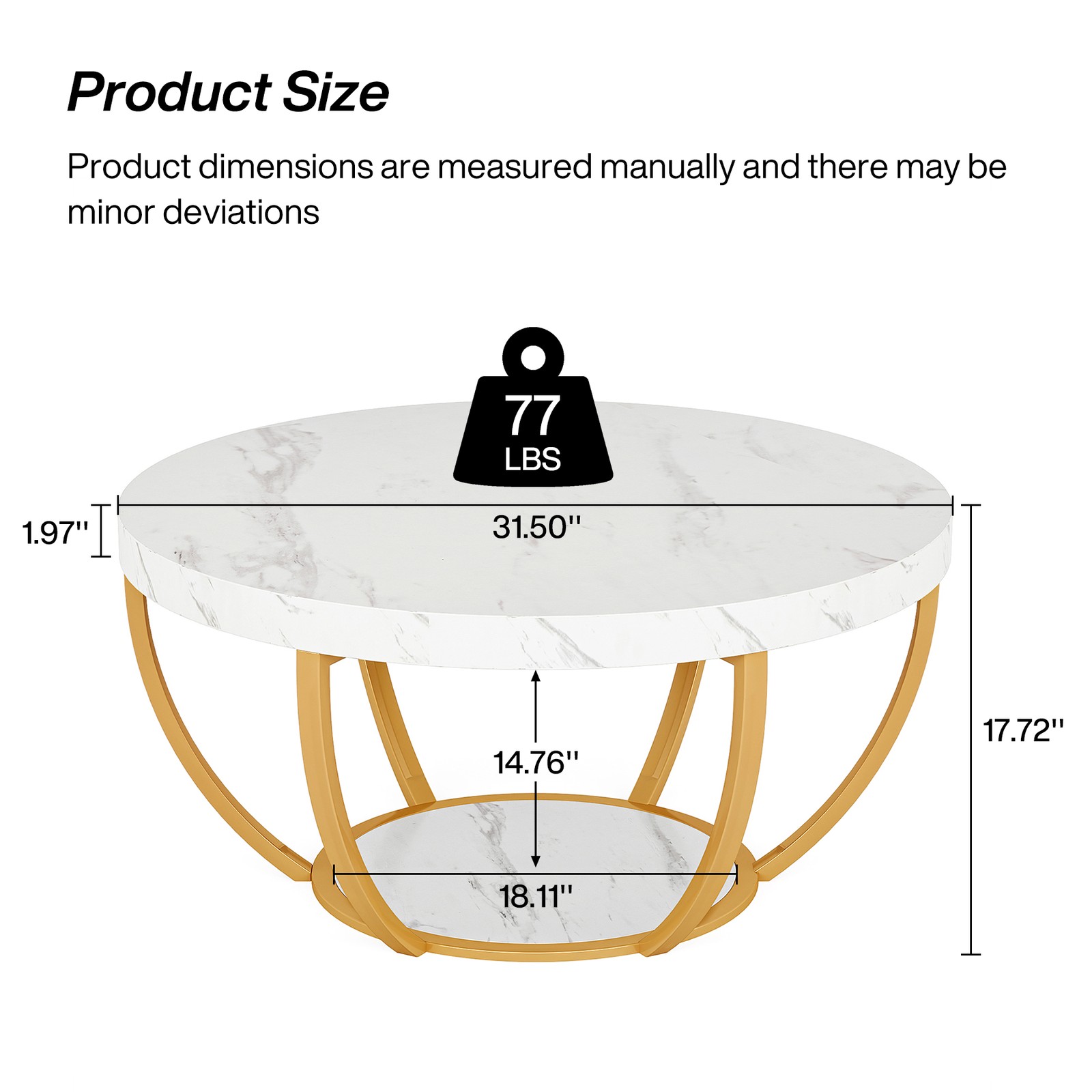 Modern Round Coffee Table, 2 Tier Circle Center Tea Table with Faux White Marble