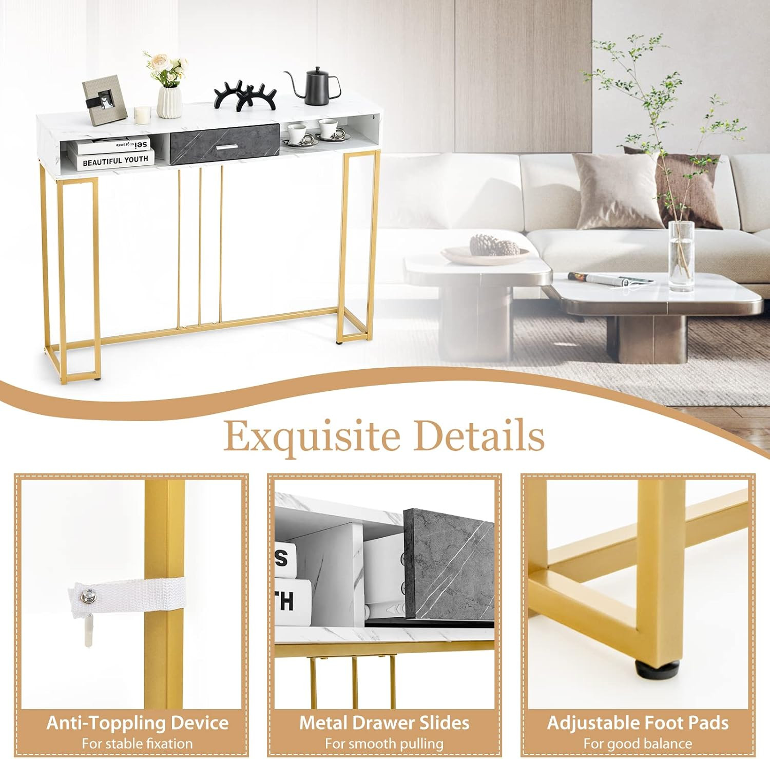 Stylish Console Table with Drawer & Adjustable Feet for Any Room