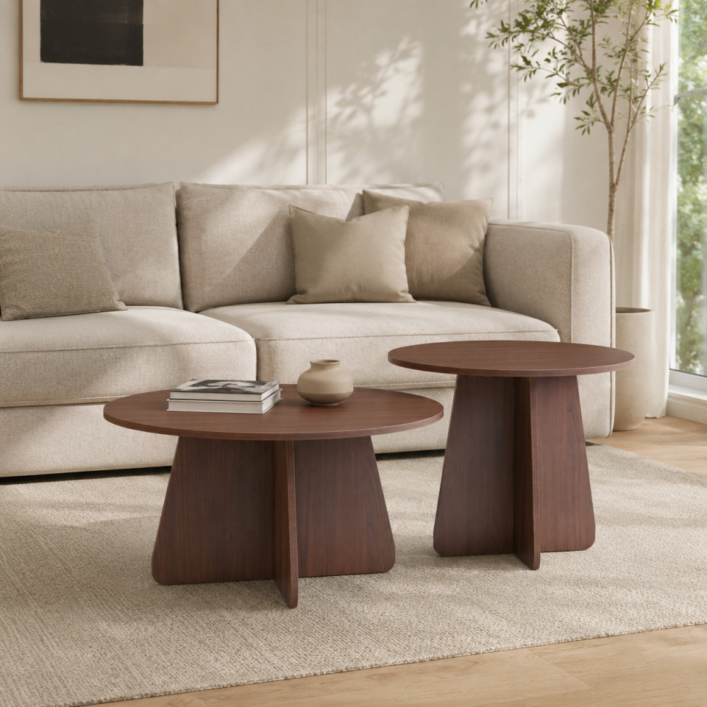 Retro Nesting Coffee Table Set, Round Side Tables with Wood Legs