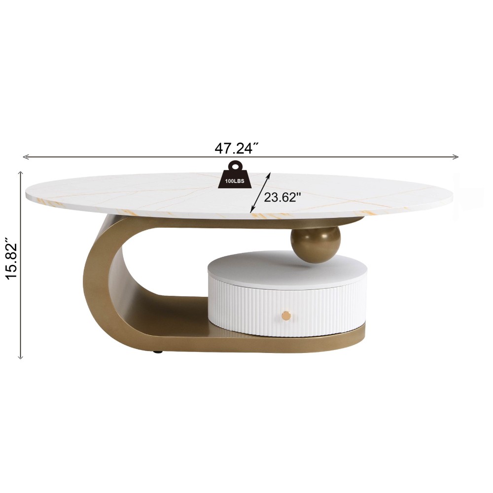 Modern Nesting Coffee Table Set of 2 Oval Round End TableGolden MDF Metal Frame