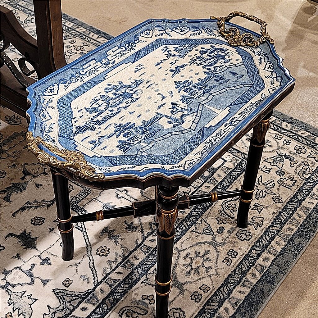 Blue, White Octagonal Porcelain Chinoiserie Tray Table. Hand Painted. (28.5”L)