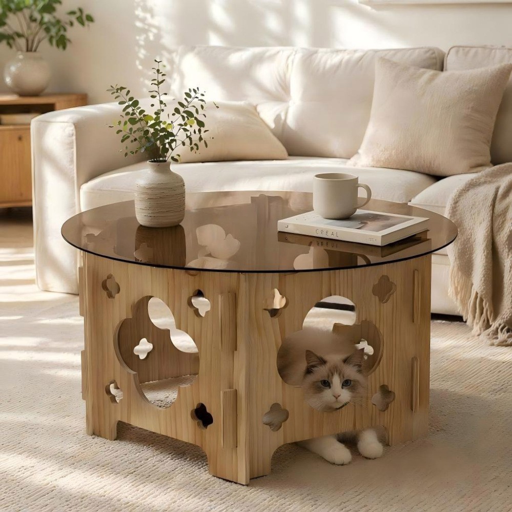Round Tempered Glass Coffee Table, Caramel Tabletop with Floral Hollow Wood Base