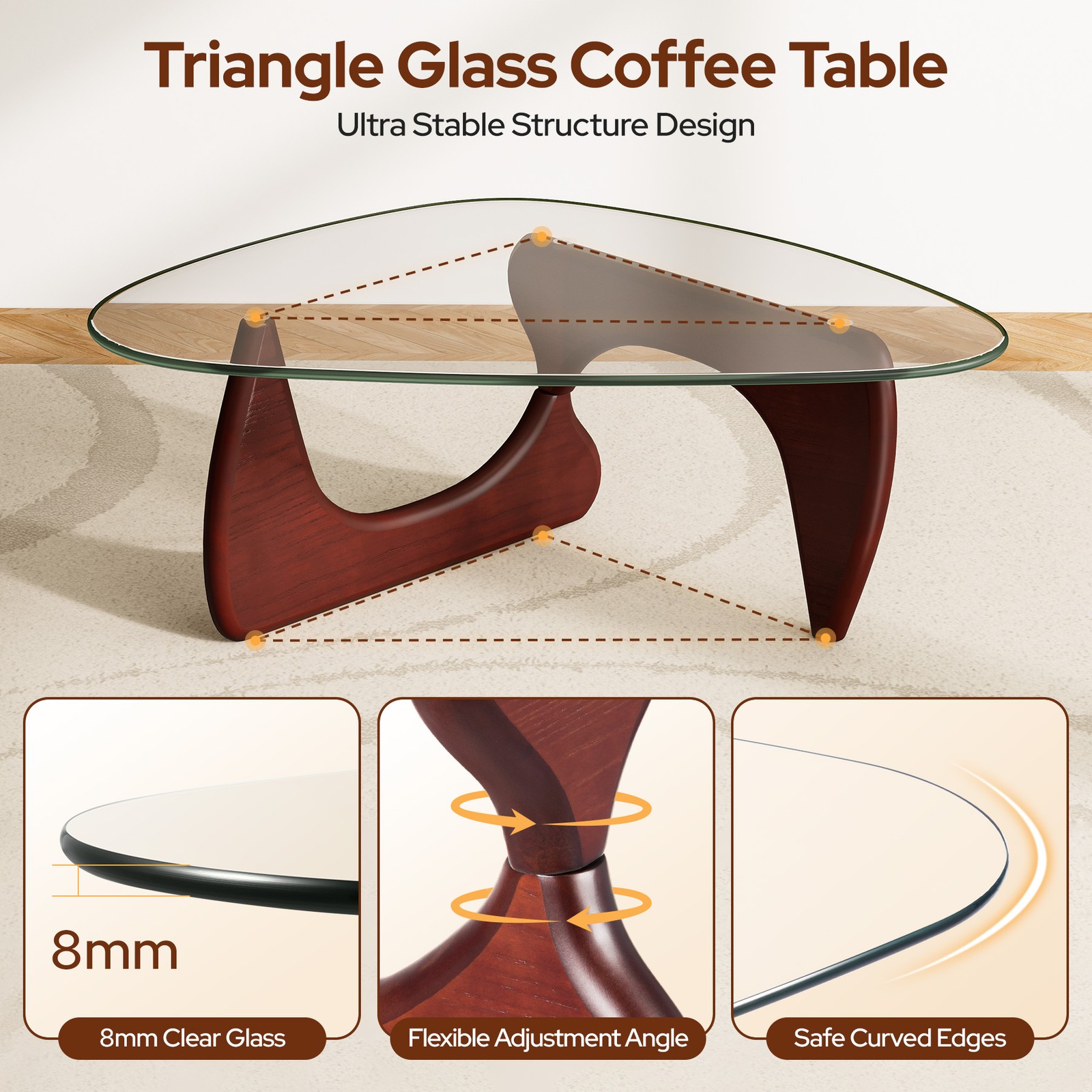 Used Noguchi Style Coffee Table Triangle Glass Top Premium Solid Hardwood Base