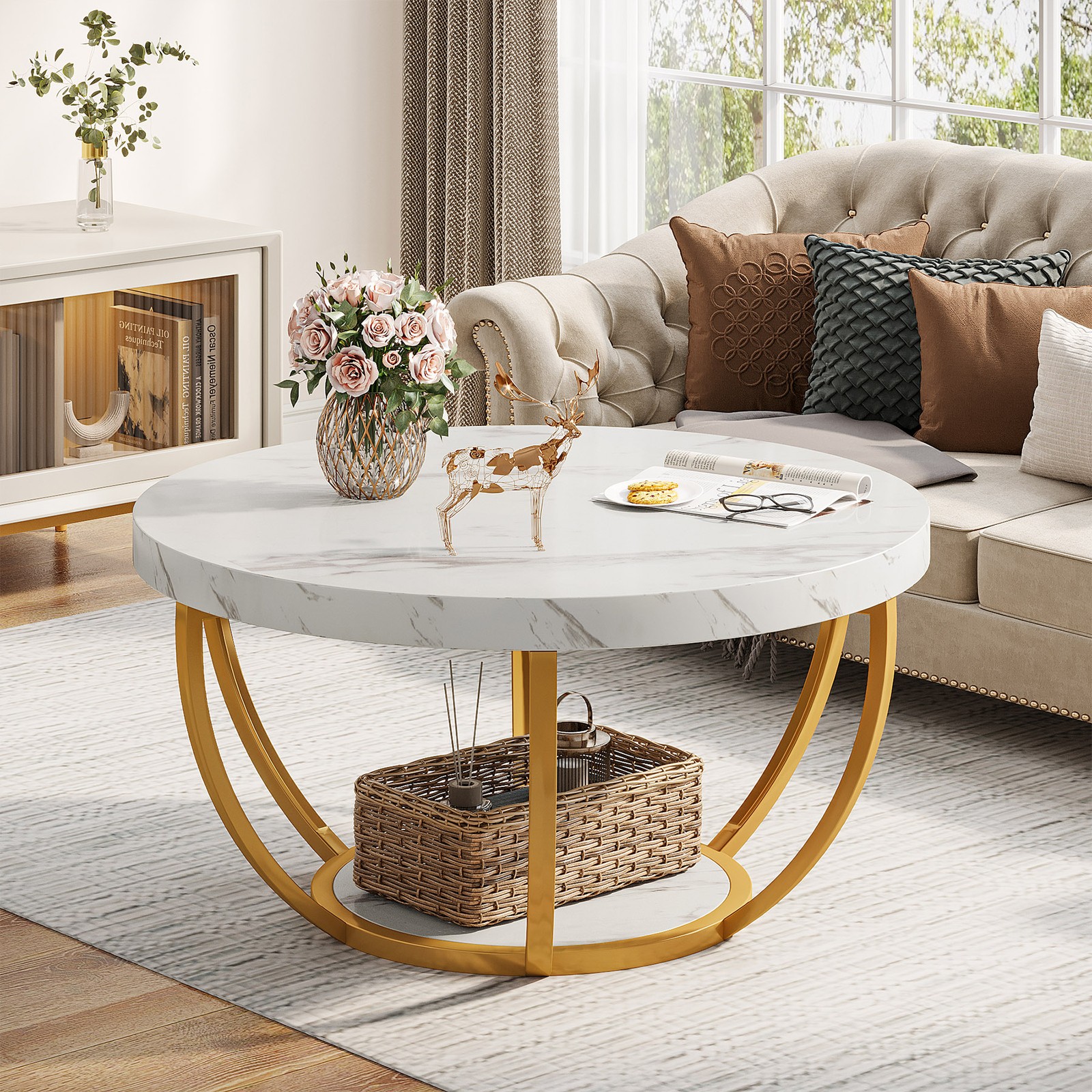 Modern Round Coffee Table, 2 Tier Circle Center Tea Table with Faux White Marble